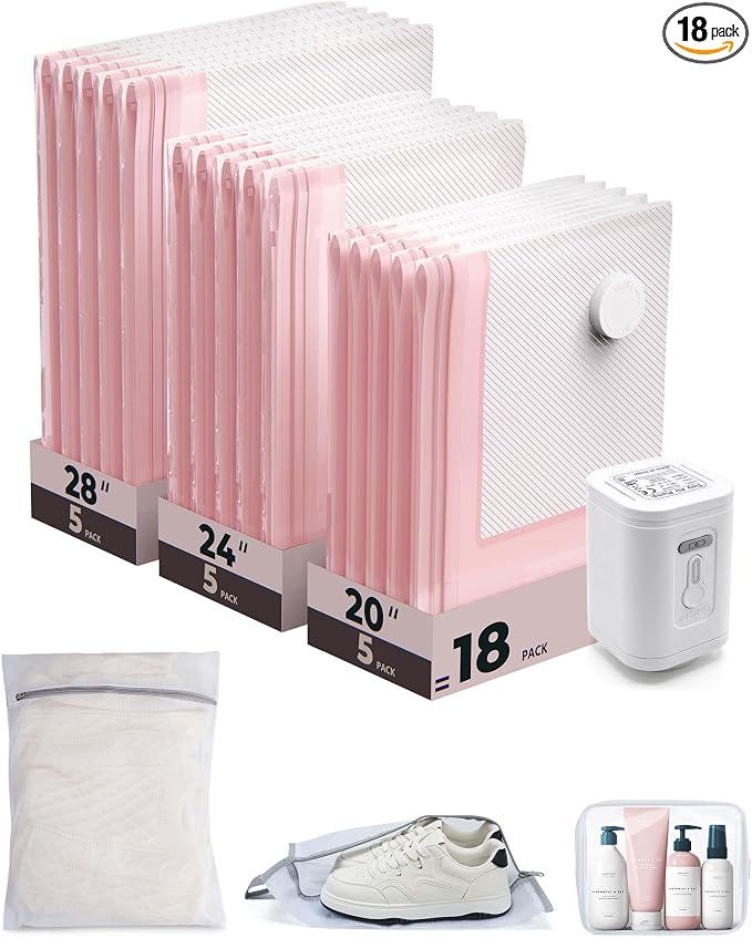 BAGSMART Vacuum Seal Storage Bags for Clothing Travel, 18 Pack Travel Essentials Bundle includes Laundry Bag & Waterproof Shoe Bag & TSA Approved Toiletry Bag, Hand Pump Included by BAGSMART