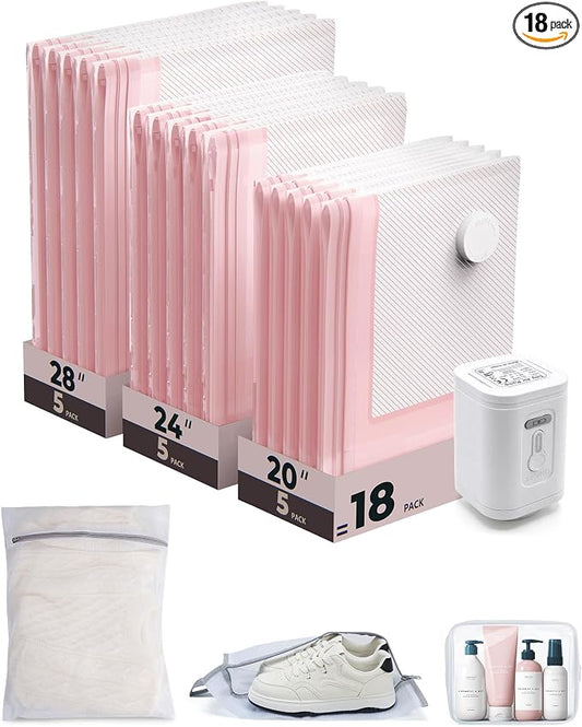 BAGSMART Vacuum Seal Storage Bags for Clothing Travel, 18 Pack Travel Essentials Bundle includes Laundry Bag & Waterproof Shoe Bag & TSA Approved Toiletry Bag, Hand Pump Included by BAGSMART