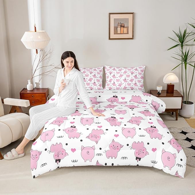 Erosebridal Pink Pig Comforter Set for Girls Kawaii Room Decor King,Cute Pigs Bedding Set for Kids Boys Children Farm Animal Quilted Duvet Sets Cartoom Style Soft Lightweight Down Comforter 3 Pcs - Image 3