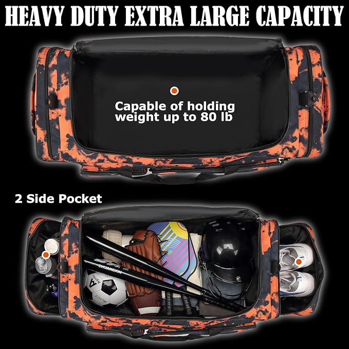 Extra Large Duffle Bag for Men, Heavy Duty Duffle Bag for Travel, Large Sports Gym Equipment Bag for Hockey Football Soccer Baseball Basketball & Team training (Orange Graffiti) - Image 4