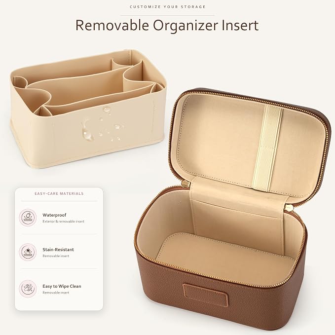 Makeup Bag Travel Toiletry Leather Cosmetic Case, Waterproof Makeup Organizer with Brush Holder, Wipe Clean Removable Divider Vanity Train Bag for Women, Brown - Image 2