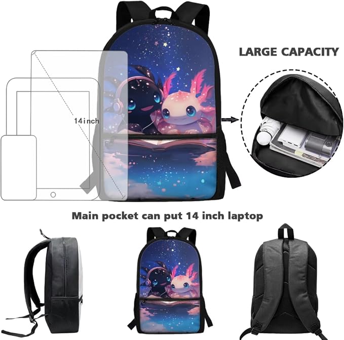Axolotl Backpack and Lunch Box for Girls 6-8/5-7 Book Lover Bookbag with Lunch Bag Set 3PCS Galaxy Space Elementary School Back Pack Kids Primary Book Bags Lunchbox Pencil Case Kindergarten - Image 4