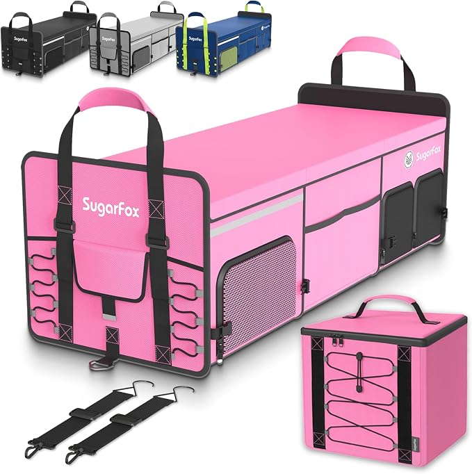 SugarFox Bold Color Block Trunk Organizer | 95L, 35"x13.8"x11.8" | Dedicated Shoe Storage & 26L Ice Pack | Foldable for SUV/Car/Jeep | Stylish Gift & Car Accessories for Men & Women - Pink-X212 by SugarFox