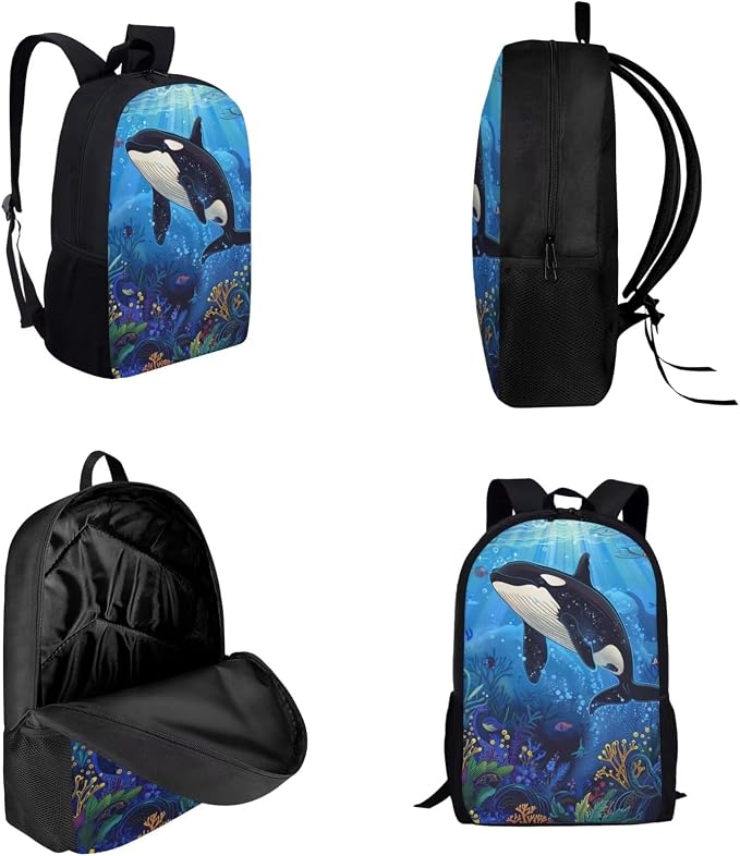 17 Inch Animal Print School Backpack And Lunch Box Set for Kids Lightweight Undersea Killer Whale Orca Backpack for Boys Girl School Bag with Insulated Lunchbox Pencil Case Student Bookbag - Image 3