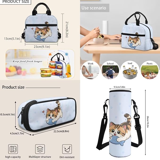 Cute Cat Fish Kids Backpack for Boys Girls, Blue Paw School Bookbag Set 4 in 1, Kids School Book Bag Schoolbag Lunch Box Pencil Case Water Bottle Holder for Elementary Senior Year School - Image 6