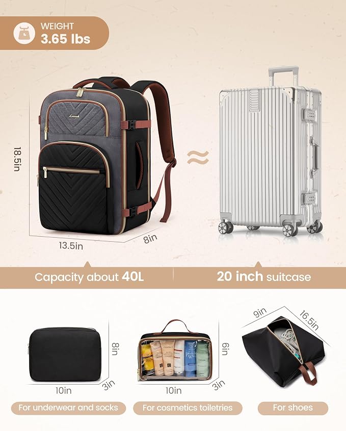 LOVEVOOK Travel Backpack Carry on Flight Approved 40L,Waterproof TSA Travel Essentials Personal Item Backpack for Women Men,Large Carry on Luggage Suitcase Travel Bag for Airplane with 3 Packing Cubes - Image 5