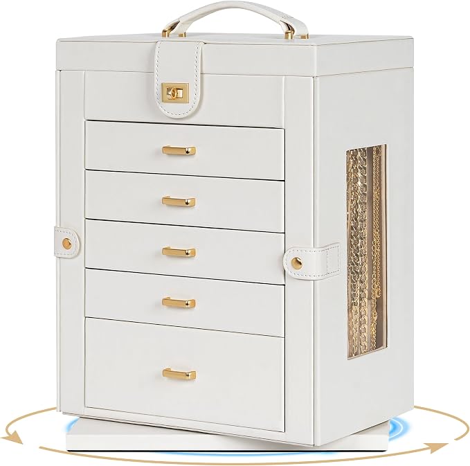 AKOZLIN 6-Tier Jewelry Box Organizer Functional 5 Drawers Leather Jewelry Storage Case for Women Girls Ring Necklace Earring Bracelet Holder Organizer with Mirror XL White 360° Rotating - Image 4