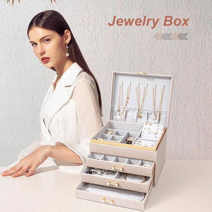 Large Jewelry Box, 4-Layer Leather Organizer, Apricot | 3 Drawers, Display Case, For Women Girls - Image 5