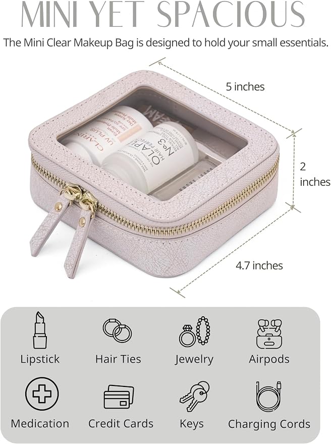 Popvibe Clear Makeup Bag Travel Cosmetic Case Transparent Toiletry Bag with Zipper, Portable Make Up Organizer Traveling Compact Car Bag for Essentials, Light Pink, Mini - Image 2