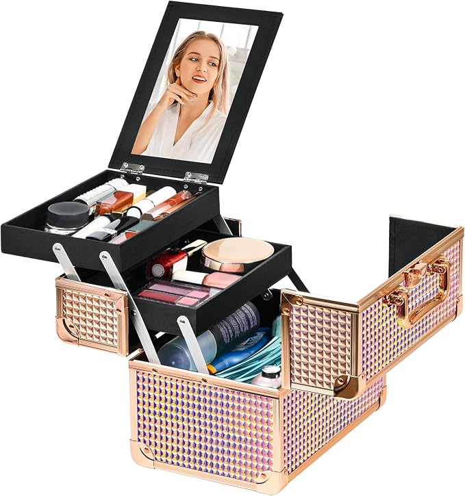 Makeup Case Organizer,Makeup Train Case, Trays Cosmetic Box Portable, Profesional for Salon Barber, Colorful Pink - Image 8