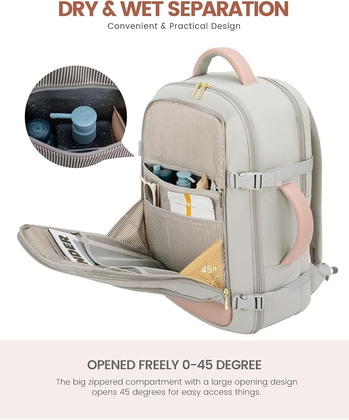 LOVEVOOK Travel Backpack for Women, 40L Carry On Backpack Flight Approved, TSA Personal Item Travel Bag Fits 17 Inch Laptop, Business Weekender Overnight Waterproof Daypack with 2 Cubes, Grey-Pink - Image 9
