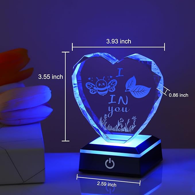 ZHSHWAT Christmas Gift Heart Shaped Crystal Night Light, I Bee Leaf in You-Color Changing LED, USB/Battery Powered, Encouragement Present for Friends Family