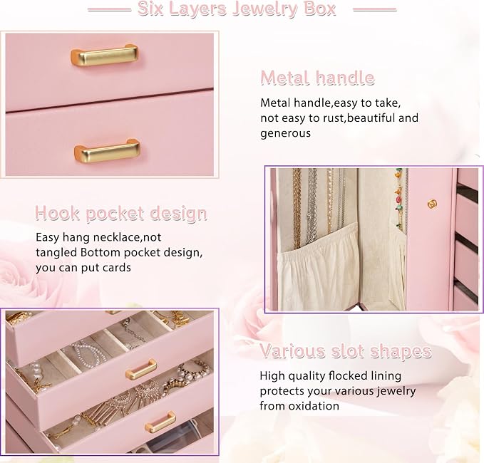 AKOZLIN 6-Tier Jewelry Box Organizer Functional 5 Drawers Leather Jewelry Storage Case for Women Girls Ring Necklace Earring Bracelet Holder Organizer with Mirror Light Pink Large - Image 5