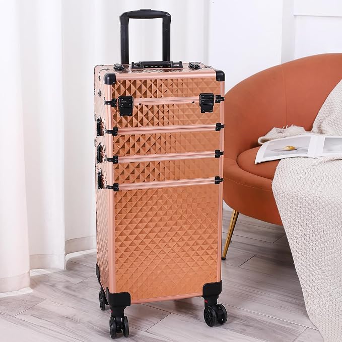 Karl home 4 in 1 Makeup Train Case Rolling Cosmetic Trolley Large Capacity Travel Organizer with Key 360°Swivel Wheels Suitcase for Beauticians Hairstylists Nail Tech Students, Rose Gold - Image 7
