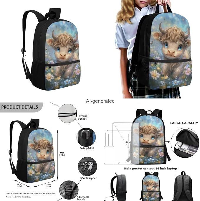 Cute Highland Cow Backpack for Girls Kids Backpack with Lunch Box Water Bottle Pouch and Large Capacity Pencil Case 4PCS Set Bookbag with Front Pocket 17" Lightweight Elementary School Bag - Image 3