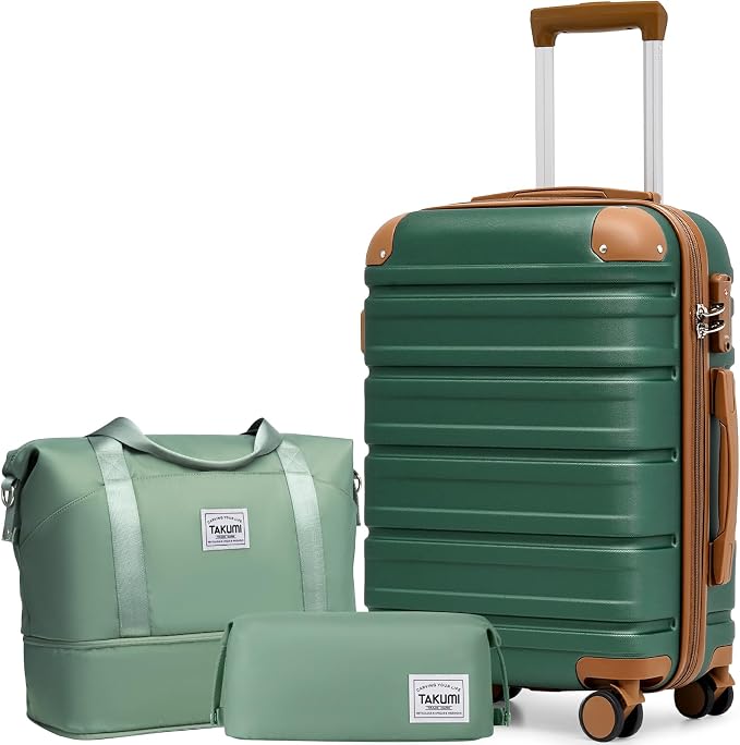 TAKUMI Carry On Luggage Set 3 Piece ABS+PC Hardshell Suitcases with Duffel Bag Double Spinner Wheels Travel Luggage with TSA Lock Lightweight Suitcase Set(GREEN BROWN, 3 PIECE SET(20/DB/TB)) by TAKUMI