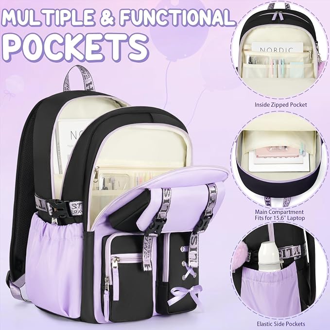 Fimibuke Backpack for Girls, 3 PCS Waterproof Girls Backpack with Lunch Box & Pencil Case, Kid Backpacks for Teen Girl Kindergarten Elementary Middle High School Student Back to School Kid Bookbag Set - Image 3