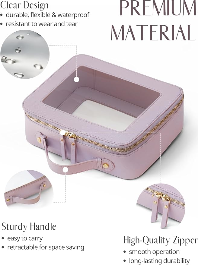 Popvibe Clear Makeup Bag Travel Cosmetic Case Transparent Toiletry Bag with Zipper, Portable Make Up Organizer Traveling Compact Car Bag for Essentials, Purple, Medium and Large - Image 4