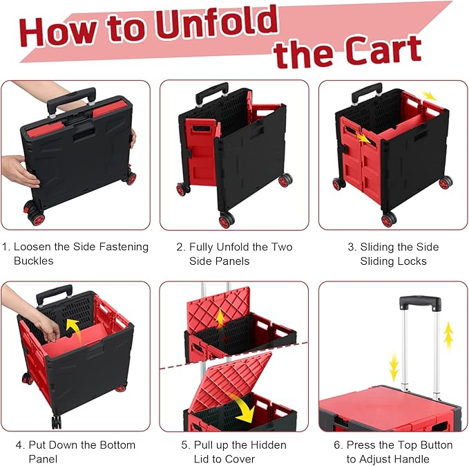 FELICON Folding Utility Cart Rolling Crate Handcart Basket Tote-Red+Black | Collapsible Hidden Lid,Plastic Box,Telescoping Handle,4 Rotate Wheels for Travel Shop Move Grocery Laundry Office Teacher Use - Image 4