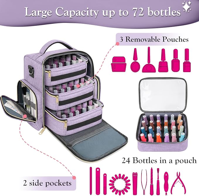 YOREPEK Nail Polish Organizer with 3 Removable Pouches & 72 Slots, Purple | Nail Polish Storage with Multiple Storage Sections for Nail Lamp, Manicure Set, Holds 72 Bottles, Gifts for Manicurist - Image 3
