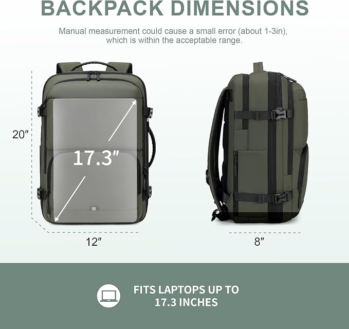 BAGOK Carry On Travel Backpack, 35L-40L Expandable Extra Large Airline Approved,Lightweight Daypack for Men and Women（Green） - Image 7