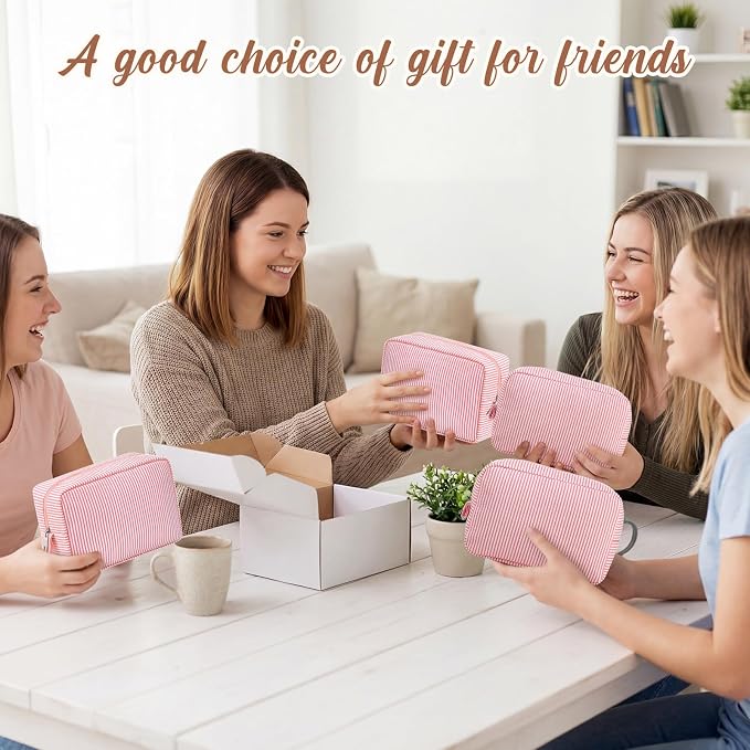 Sanwuta 6 Seersucker Cosmetic Bag Bulk Striped Makeup Bag for Women Aesthetic Cute Travel Toiletry Organizer Preppy Storage Pouch for Wedding Bridesmaid Mother's Day Teacher Gift (Large,Coral Pink) - Image 5