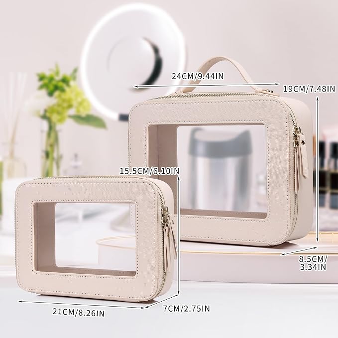Pinkmik Clear Makeup Bag for Women Waterproof Travel Cosmetics and Toiletries Case Portable Makeup Oaganizer Bag Clear Car Bag with Zipper (Beige, M+L) - Image 4