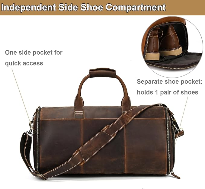 Full Grain Genuine Leather 2-in-1 Garment Dufflel Bag for Men Foldable Suit Carrier with Independent Shoe Compartment, Large Capacity Weekender Overnight Travel Bag for Business Trips, Coffee - Image 5