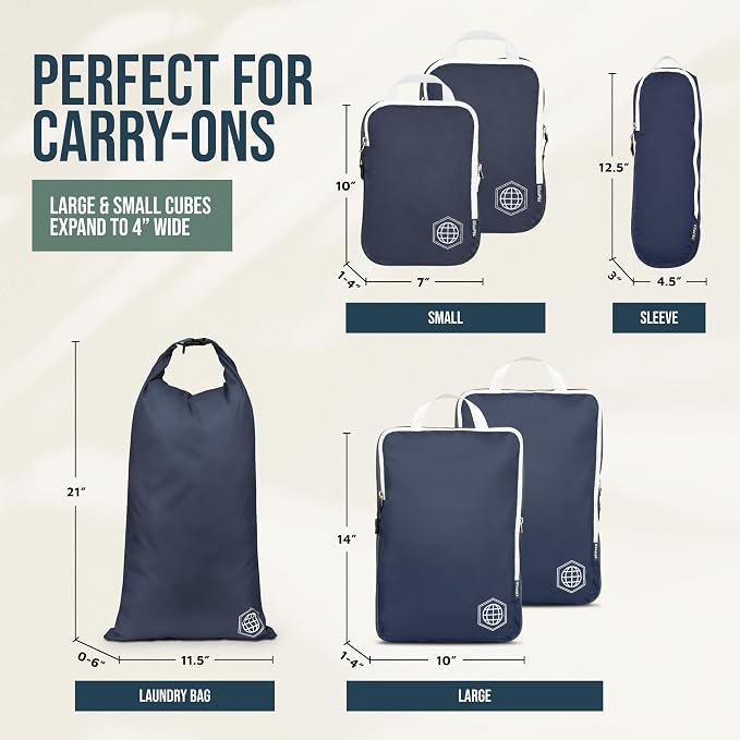 Compression Packing Cubes for Travel, 6-Piece Lightweight Packing Cubes Set for Carry-On Luggage & Backpacks – TRIPPED Travel Gear (Navy Blue and White) - Image 3