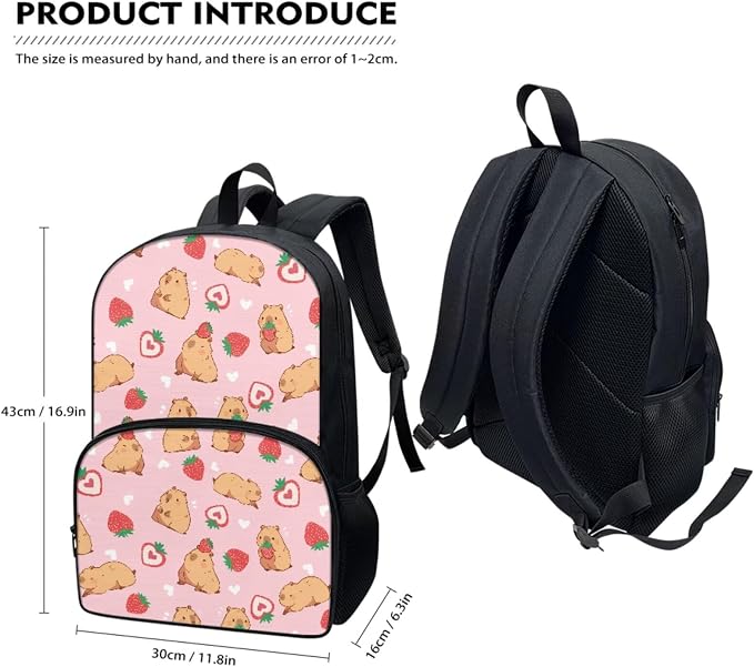 Capybara Strawberry School Bags for Girls, 3Pcs Students Backpack, Elementary Princess Bookbag Sets with Lunch Box Pencil Case for School - Image 5