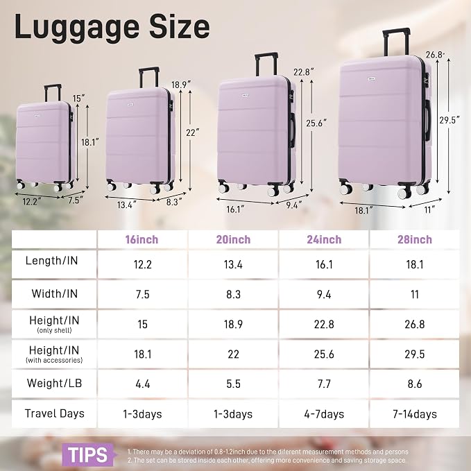 Merax Luggage Set,6 Piece Carry on Hardcase Suitcase with Travel Bags | Durable Suitcase Set with Double Spinner Wheels,16/20/24/28 IN Luggage Airline Approved,Pink Purple - Image 2