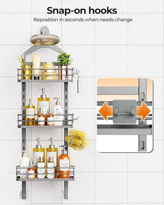 ODesign 3 Tier Adjustable Shower Caddy Hanging Over Head Anti-Swing Grey | Shower organizer hanging,no drilling required,comes with removable hook and storage box, suitable for indoor showers - Image 8