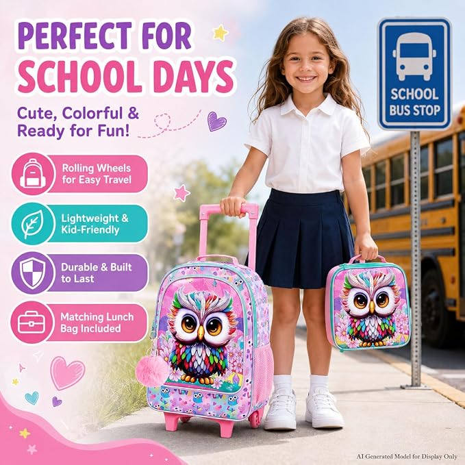 HPJGD 3PCS Owl Rolling Backpack for Girls, Kids School Backpacks with Wheels, Water Resistant UV Printed Roller Wheeled Bookbag Set - Image 7