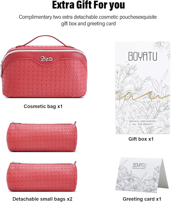 BOYATU Travel Makeup Bag Cosmetic Bags for Women: Large Capacity 3 Pcs Set Make up Bag with Compartments - Waterproof Vegan Leather Toiletry Organizer Bags with Handle (L54Rose) - Image 6