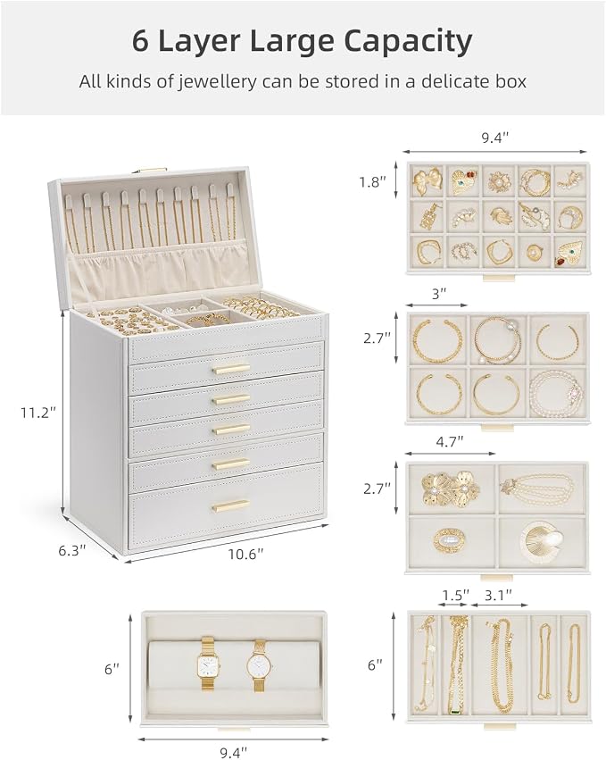 VLANDO 6 Layer Large Jewelry Box - Jewelry Holder Organizer, Jewelry Box Organizer for Drawer Necklace Ring Bracelet and Watch, Birthday Gift for Loved Ones - White - Image 5