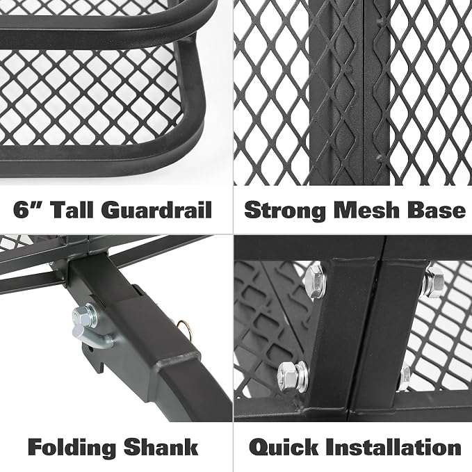 WEIZE Folding Hitch Mount Cargo Carrier Basket 60" X 20" X 6"+ Waterproof Cargo Bag, Hauling Weight Capacity of 500 Lbs and A Folding Arm, with Hitch Stabilizer, Net and Straps - Image 4