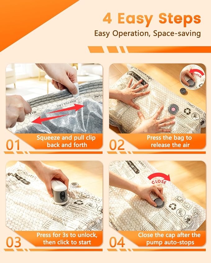15 Pack Vacuum Seal Bags for Clothing Travel with -60KPa Rechargeable Wireless Pump, Space Saver Compression Vacuum Storage Bags in Multiple Carry-On Sizes for Luggage, Suitcase and Seasonal Storage - Image 7
