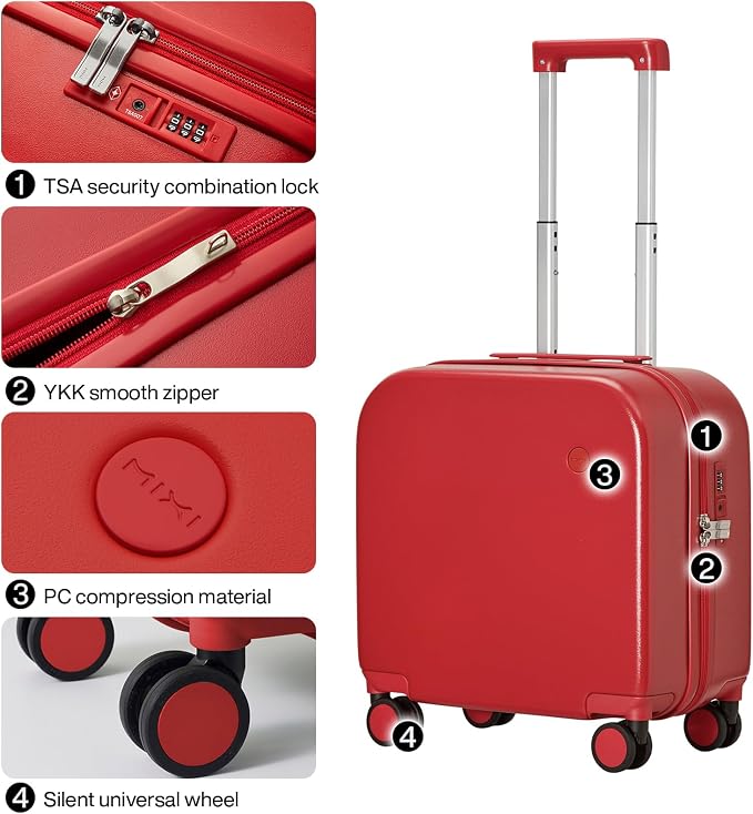mixi Carry on Luggage, Suitcase with Spinner Wheels 16in Luggage Hardshell Lightweight Rolling Suitcases PC with Cover & TSA Lock, Red - Image 4