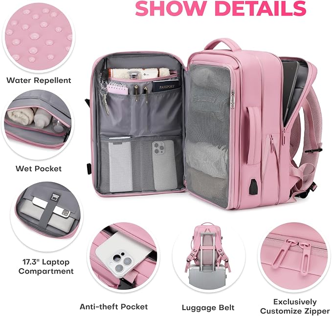 Rcrirth Travel Backpack for Women | Expandable Carry On Backpack with 17.3 Inch Laptop Compartment - Personal Item Travel Bags for Women Nurse Work Bag for Traveling Weekender Business College - Pink - Image 4