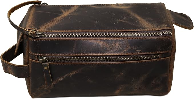 jaald Men's Genuine Leather Toiletry Bag Waterproof Shower Kit Shaving Bags And Grooming For Travel Groomsmen Gift Men Women Hanging Zippered Makeup Bathroom Cosmetic Pouch Case Make Up kit - Image 3