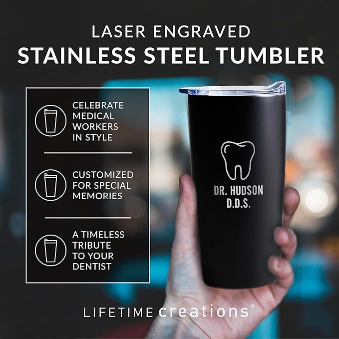 Lifetime Creations Engraved Personalized Dentist Tumbler With Lid 20 oz (White) - Custom Stainless Steel Coffee Travel Mug, Dental Hygienist Gift, Dentist Appreciation