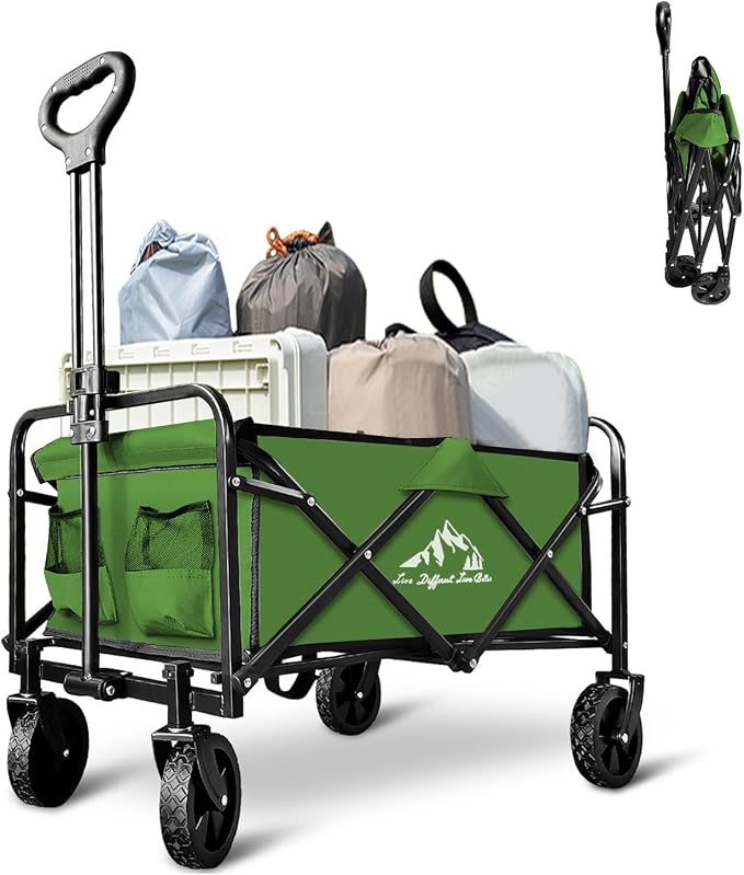 Collapsible Wagon with Quiet Wheels - Silent Grocery Shopping Cart for Seniors, Foldable Utility Cart for Laundry & Apartment, Washable Heavy Duty Rolling Wagon with Two Mesh Pockets, Green by SAILARYPatioFurniture