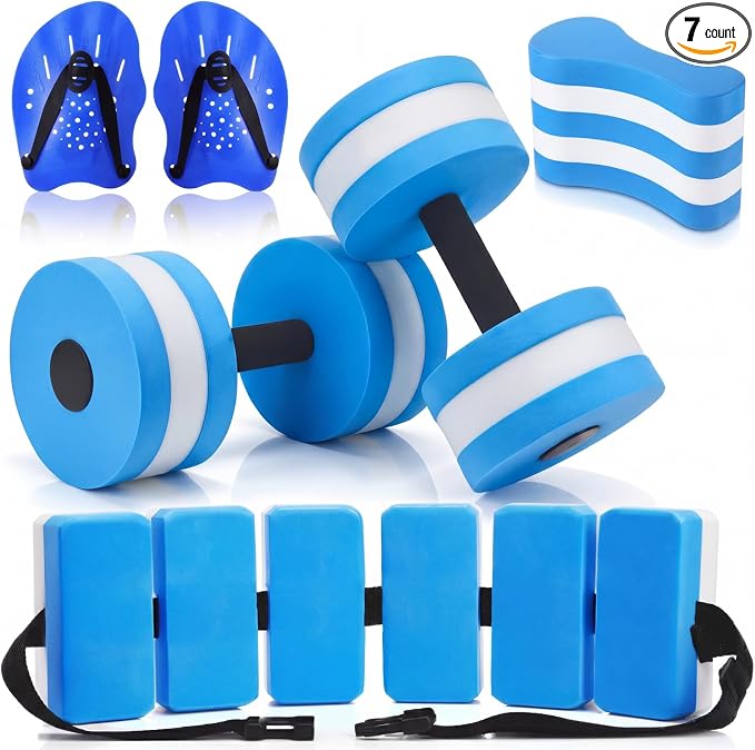 7 Pcs Pool Exercise Set Including 2 Lightweight Aquatic Dumbbells, 2 Swimming Hand Paddles, Pull Buoy, Pool Mesh Bag Swim Belt Sport Equipment for Water Aerobics Exercise by Sonwyoung