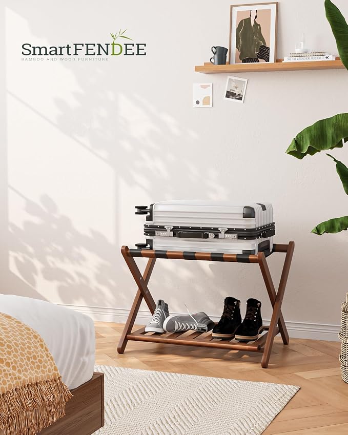 Smart FENDEE Fully Assembled Walnut Luggage Racks Set of 2, Foldable Suitcase Stand with Storage Shelf, Bamboo Luggage Holders for Guest Room, Bedroom, Hotel - Image 5
