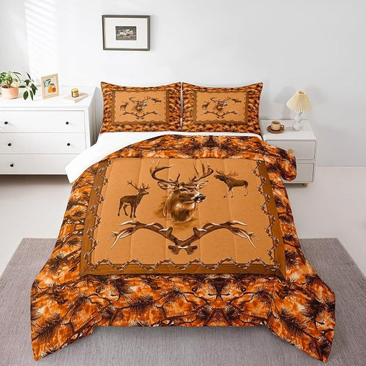 Erosebridal Hunting Animal Comforter Set for Kids Boys Girls Rustic Deer Elk Moose Bedding Set Full Vintage Orange Jungle Quilt Farmhouse Down Comforter with 2 Pillow Shams Cabin Lodge Decor by Erosebridal