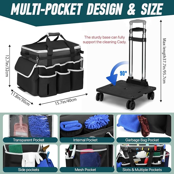 Large Rolling Cleaning Caddy Bag with Detachable Trolley, Full Support Plates for Professional Cleaning Supplies Bag, Organizer Bag with 4 Universal Wheels for Housekeepers, Car Wash - Image 5