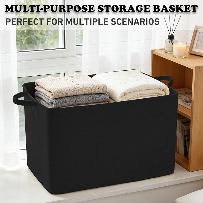 96L Extra Large Black Cotton Rope Laundry Basket with Sturdy Handle | 24x16x15 Foldable Rectangular Blanket Basket for Toys, Clothes & Pillows,Ideal for Nursery, Bathroom, Bedroom, Living Room - Image 6