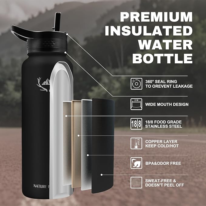 NATURE PIONEOR 40 oz Insulated Water Bottle with Carrier Bag & 3 Lids | 18/8 Food-grade Stainless Steel, Double Vacuum Insulation, 3 Leak-proof Lids, Strap, Camping, Hiking, Gym, Work - Image 2