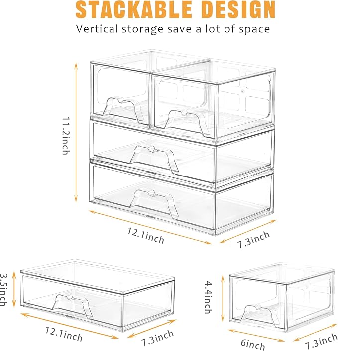 Stebopum 4 Pack Stackable Storage Drawers Clear Acrylic Organizer Bathroom Makeup Organizer and Storage for Beauty Supplies,Ideal for Vanity, Bathroom,Cabinet,Pantry Organization - Image 2