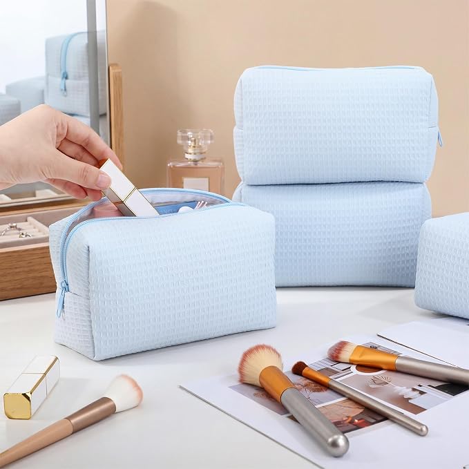 Gilprop 12 Pcs Holiday Gifts for Women Cozy Makeup Bag Portable Travel Waffle Toiletry Bag Soft Wedding Makeup Organizer Large Pouch with Zipper for Bridesmaid Friend (Light Blue) - Image 4